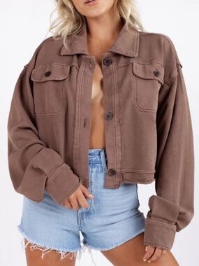 Free People We The Free 100% Cotton Saturday Crop Shirt Jacket Shacket Brown S
